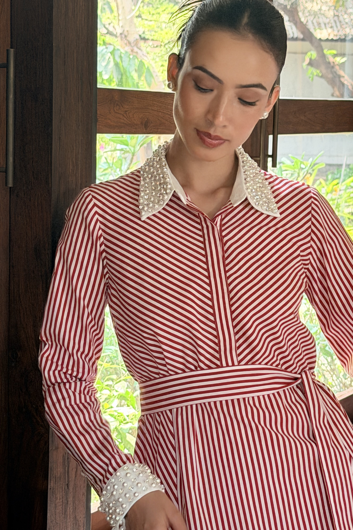 Red Stripe Embellished Collar Cuff Dress