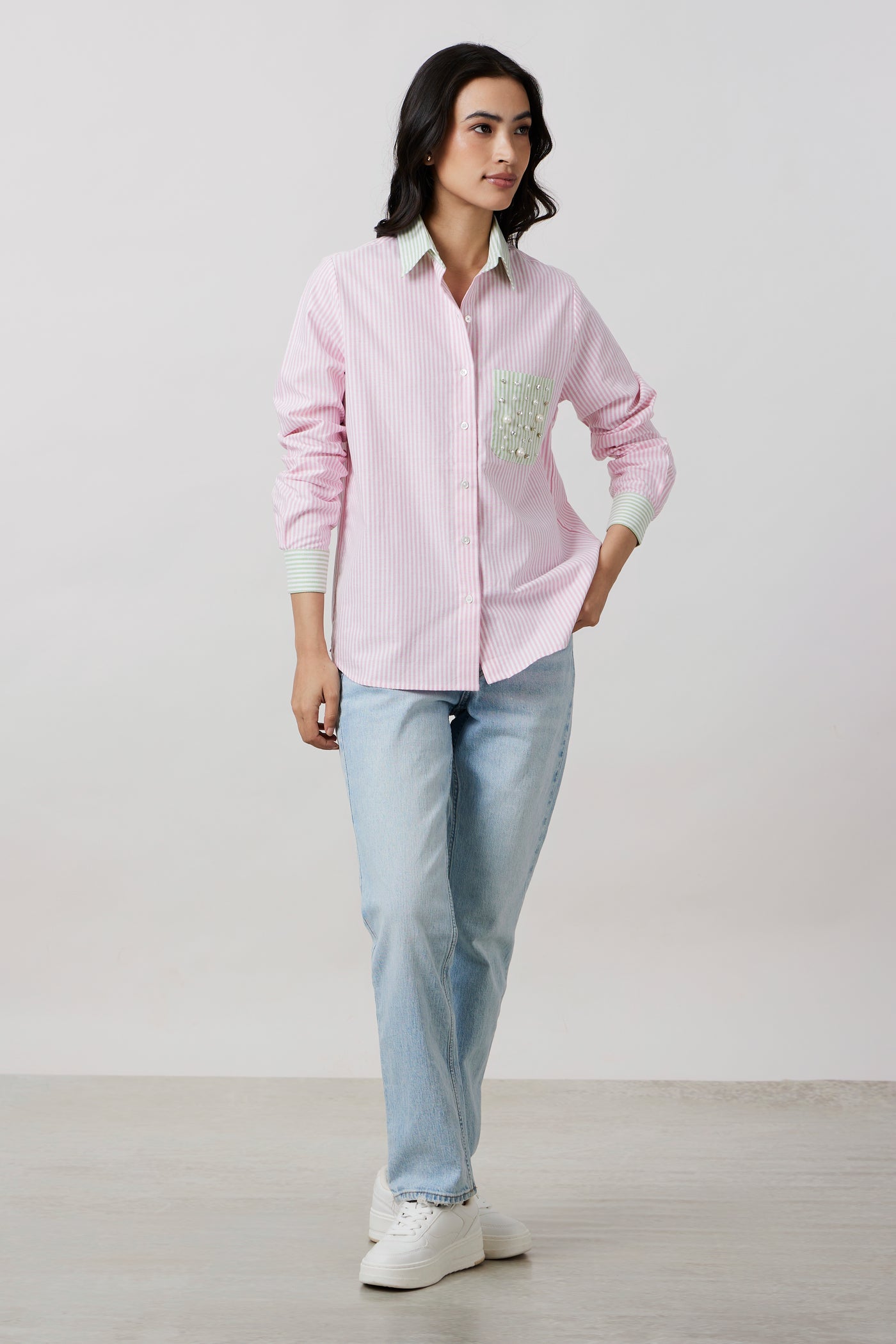 Pink Pastel Stripes Shirt with Swarovski Pearl Pocket