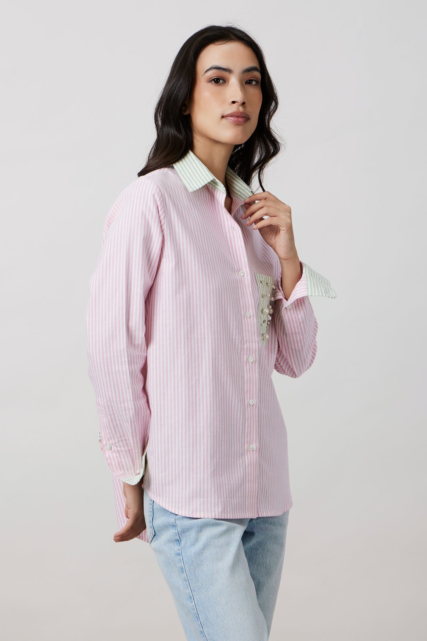 Pink Pastel Stripes Shirt with Swarovski Pearl Pocket