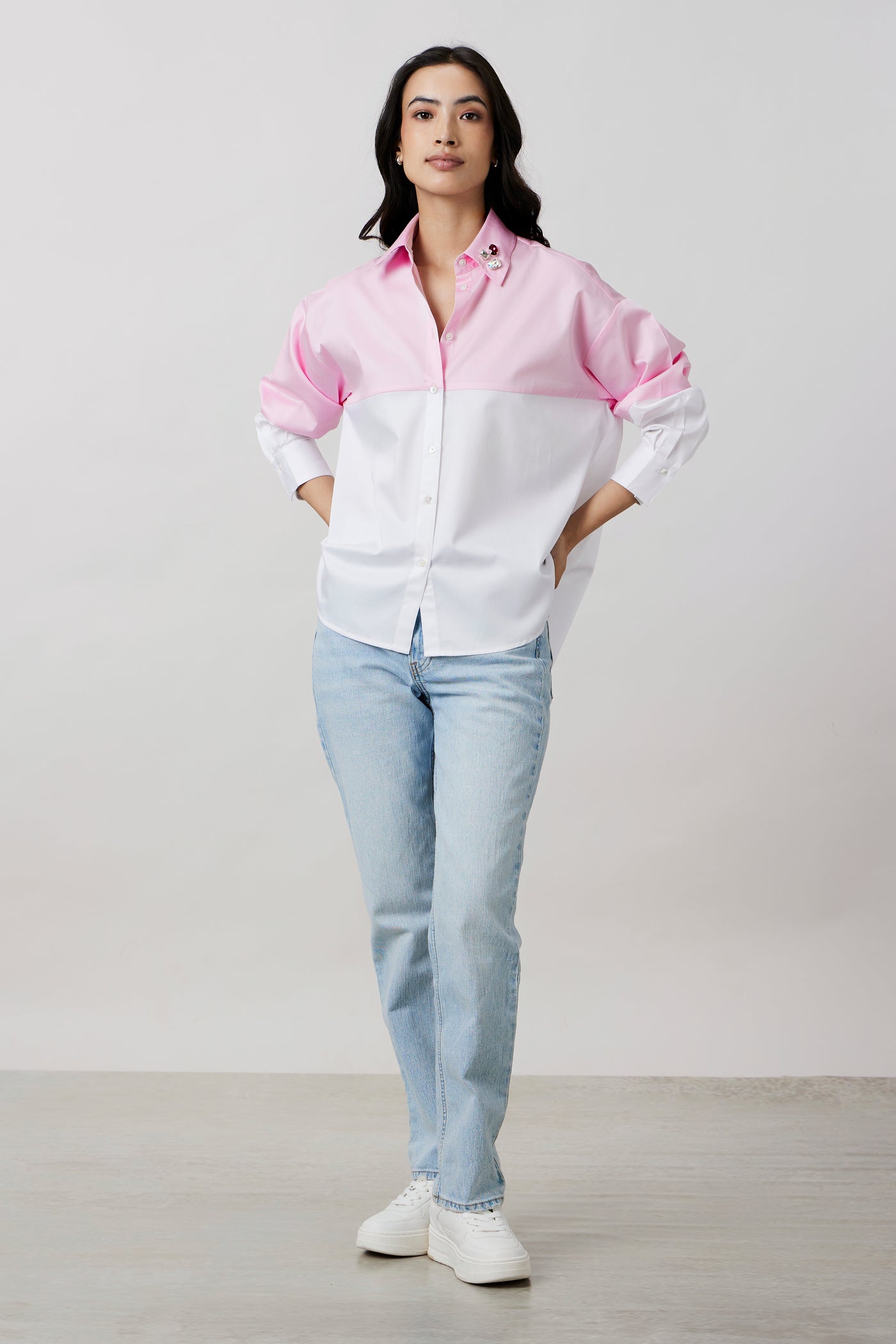 Pastel Pink Block Shirt with Swarovski Collar