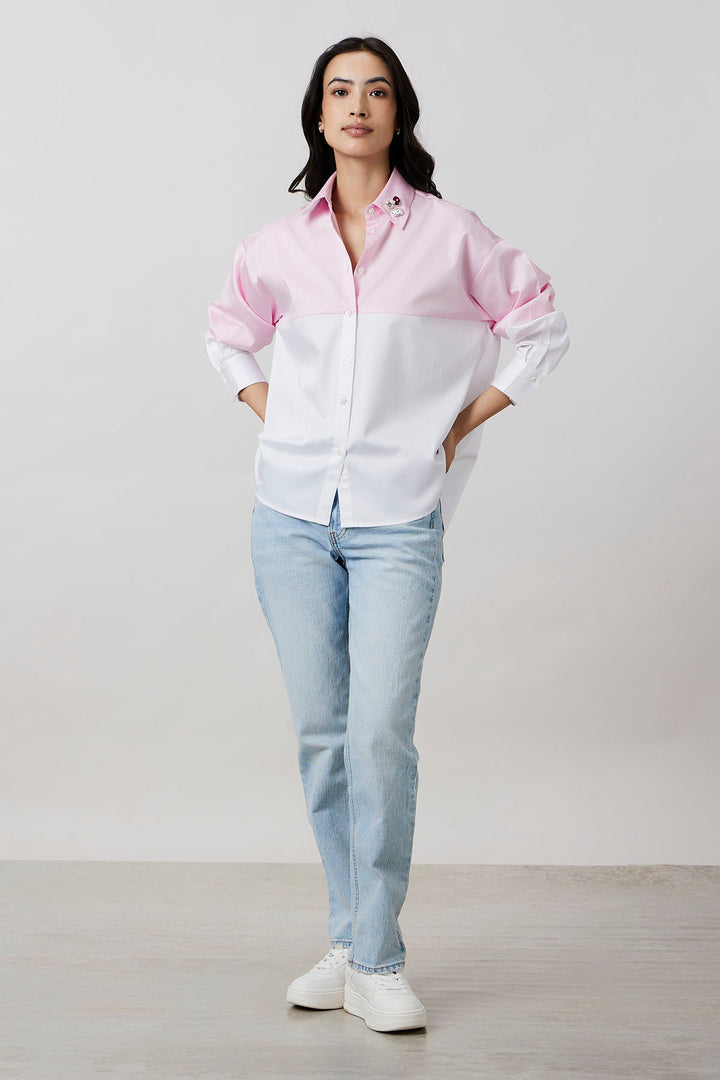 Pastel Pink Block Shirt with Swarovski Collar