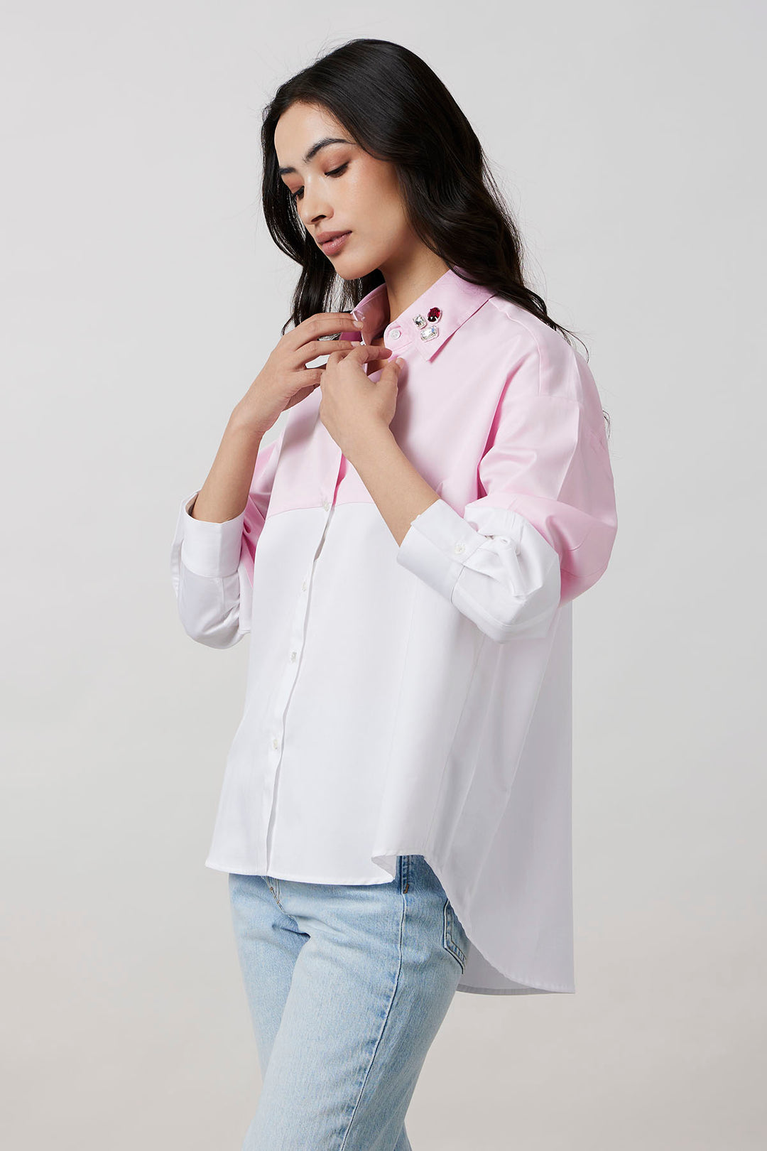 Pastel Pink Block Shirt with Swarovski Collar