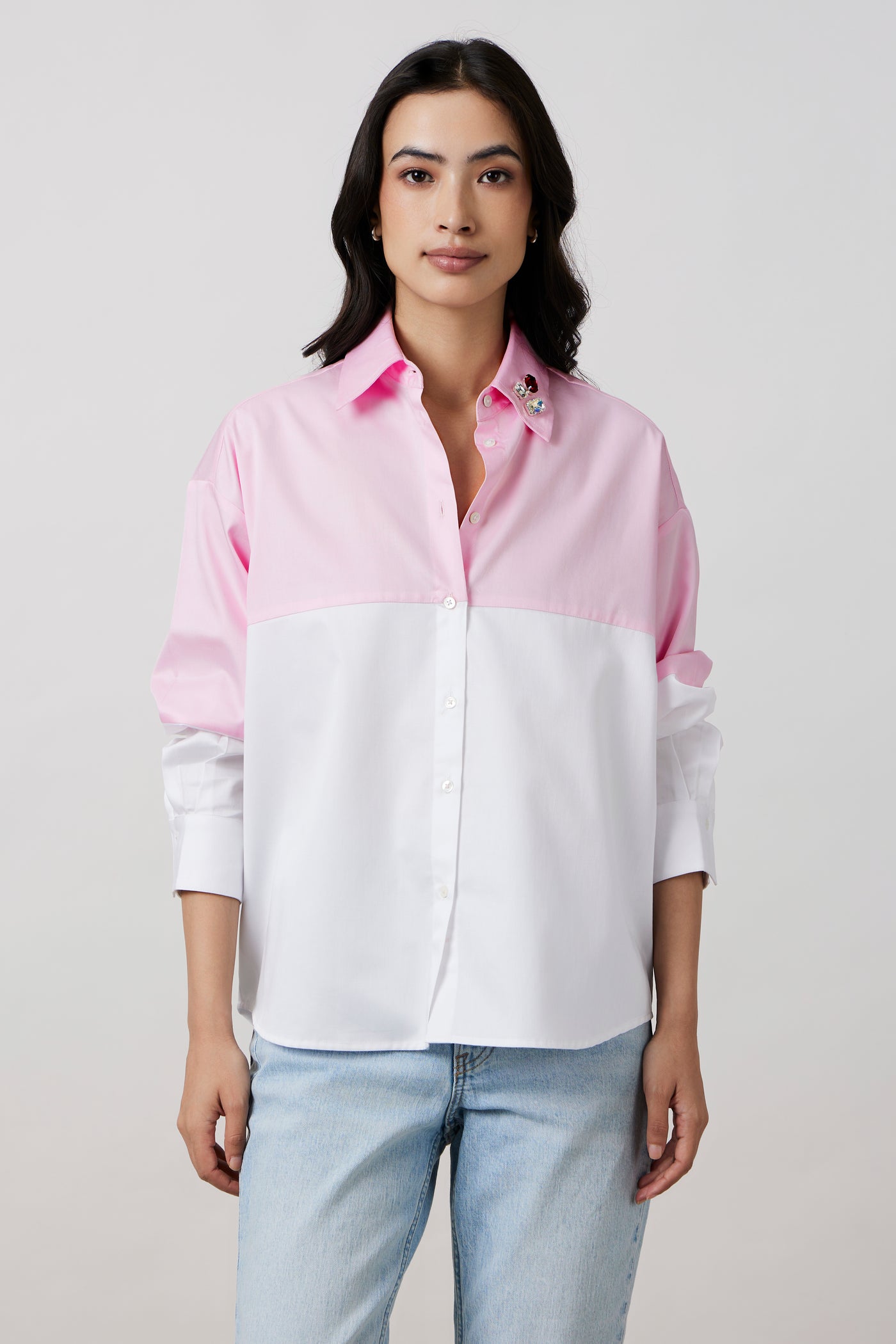 Pastel Pink Block Shirt with Swarovski Collar