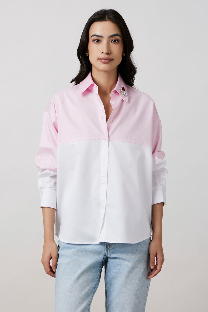 Pastel Pink Block Shirt with Swarovski Collar