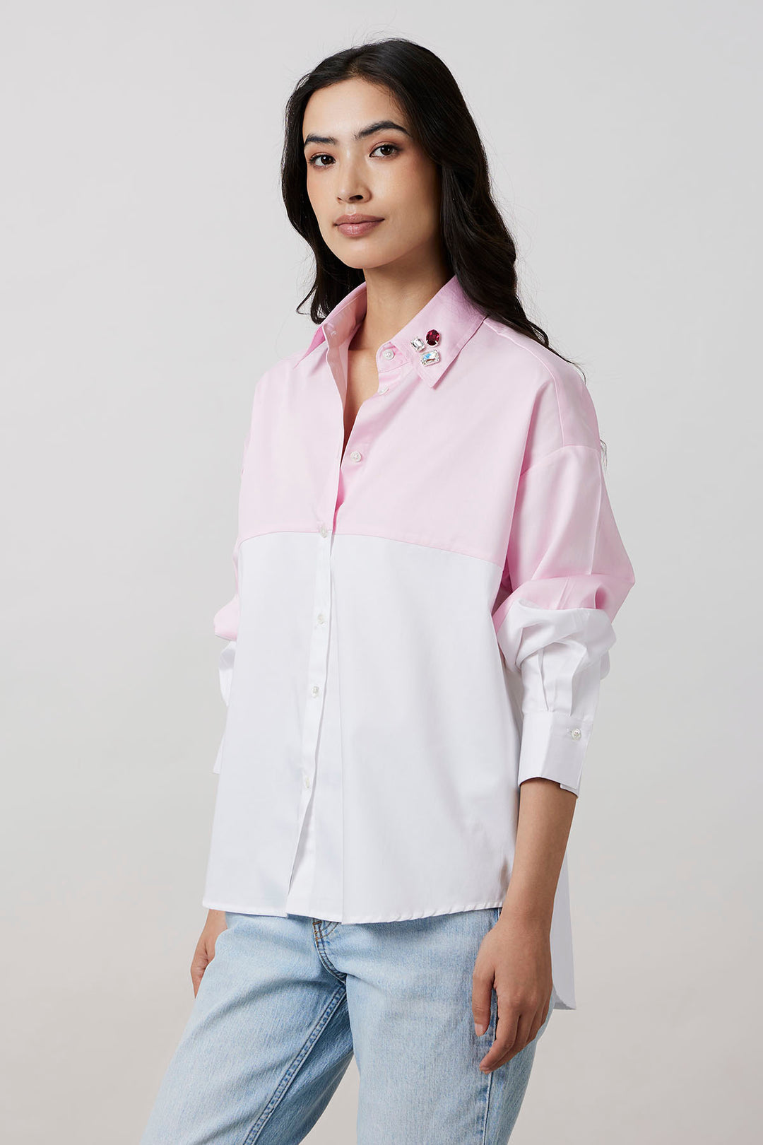 Pastel Pink Block Shirt with Swarovski Collar