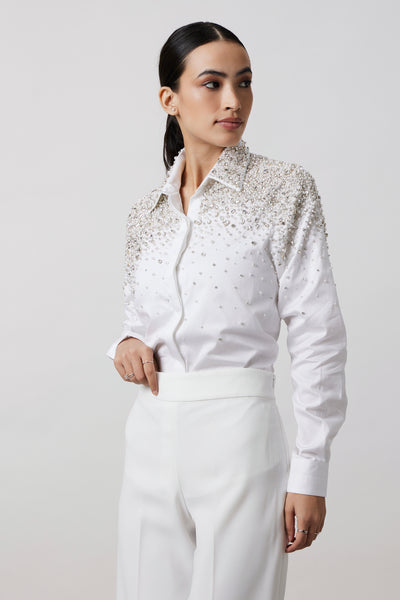 White Heavy Encrusted Pearl Swarovski Shirt