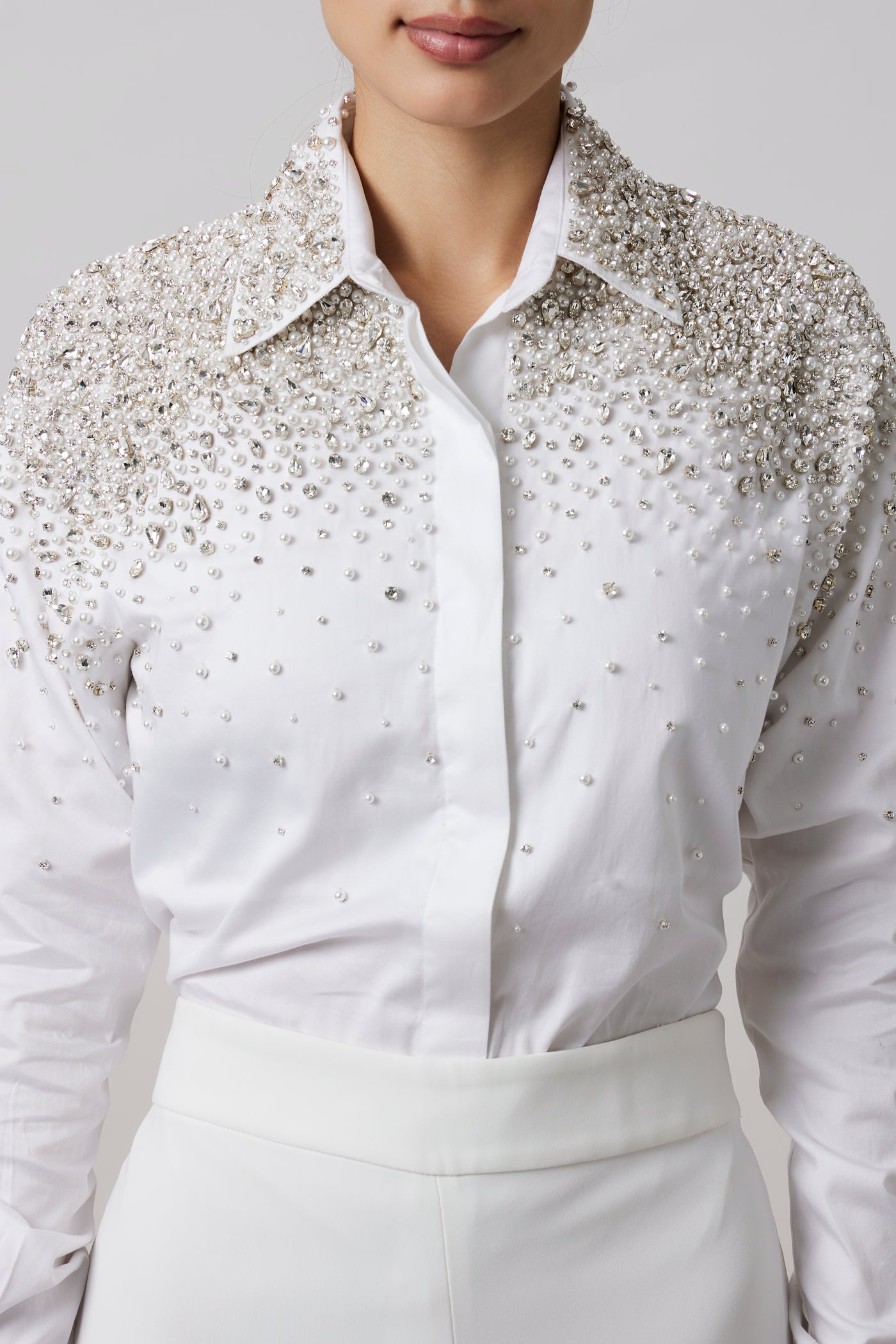 White Heavy Encrusted Pearl Swarovski Shirt