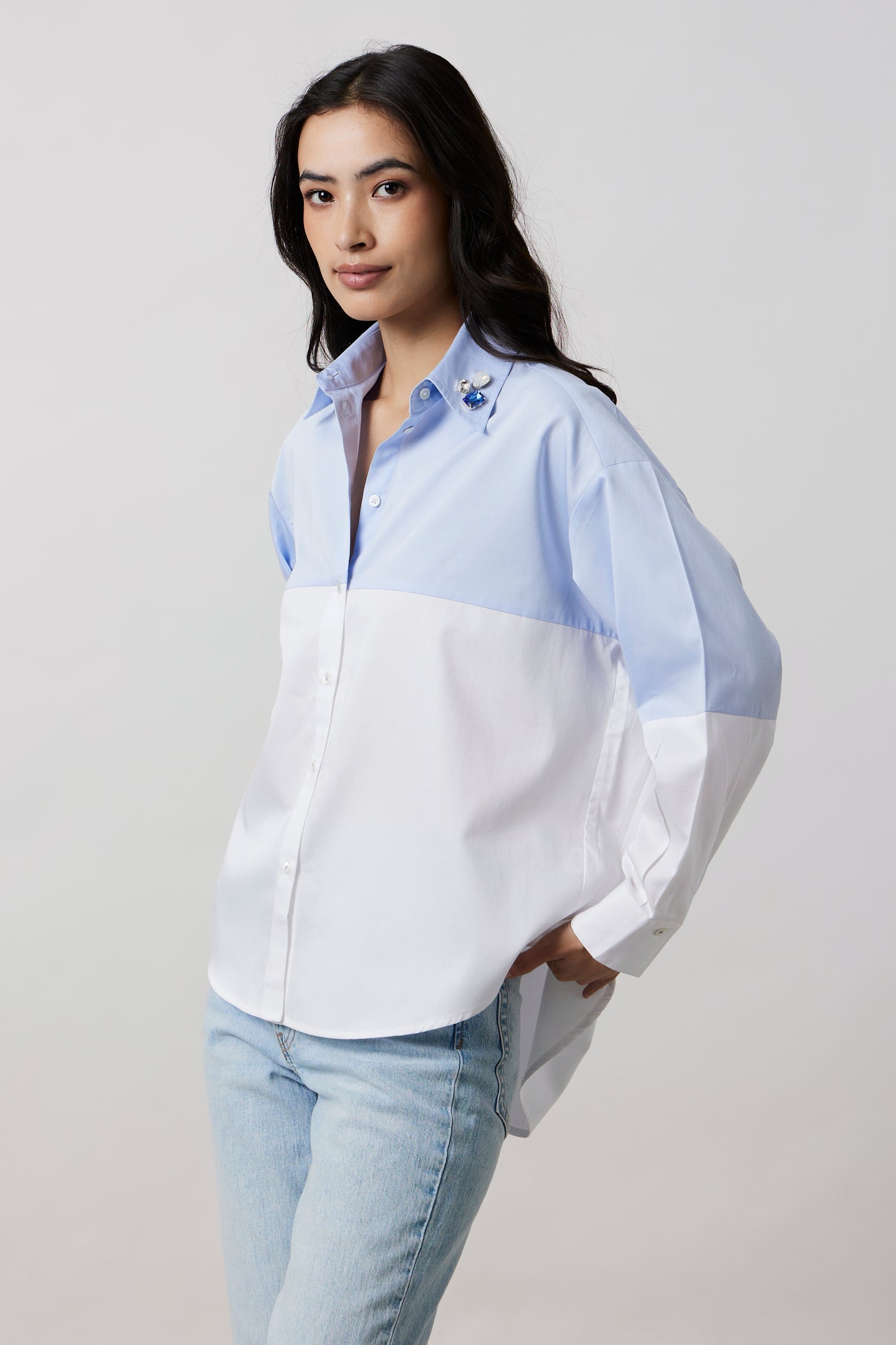Sky Blue Block Shirt with Swarovski Collar