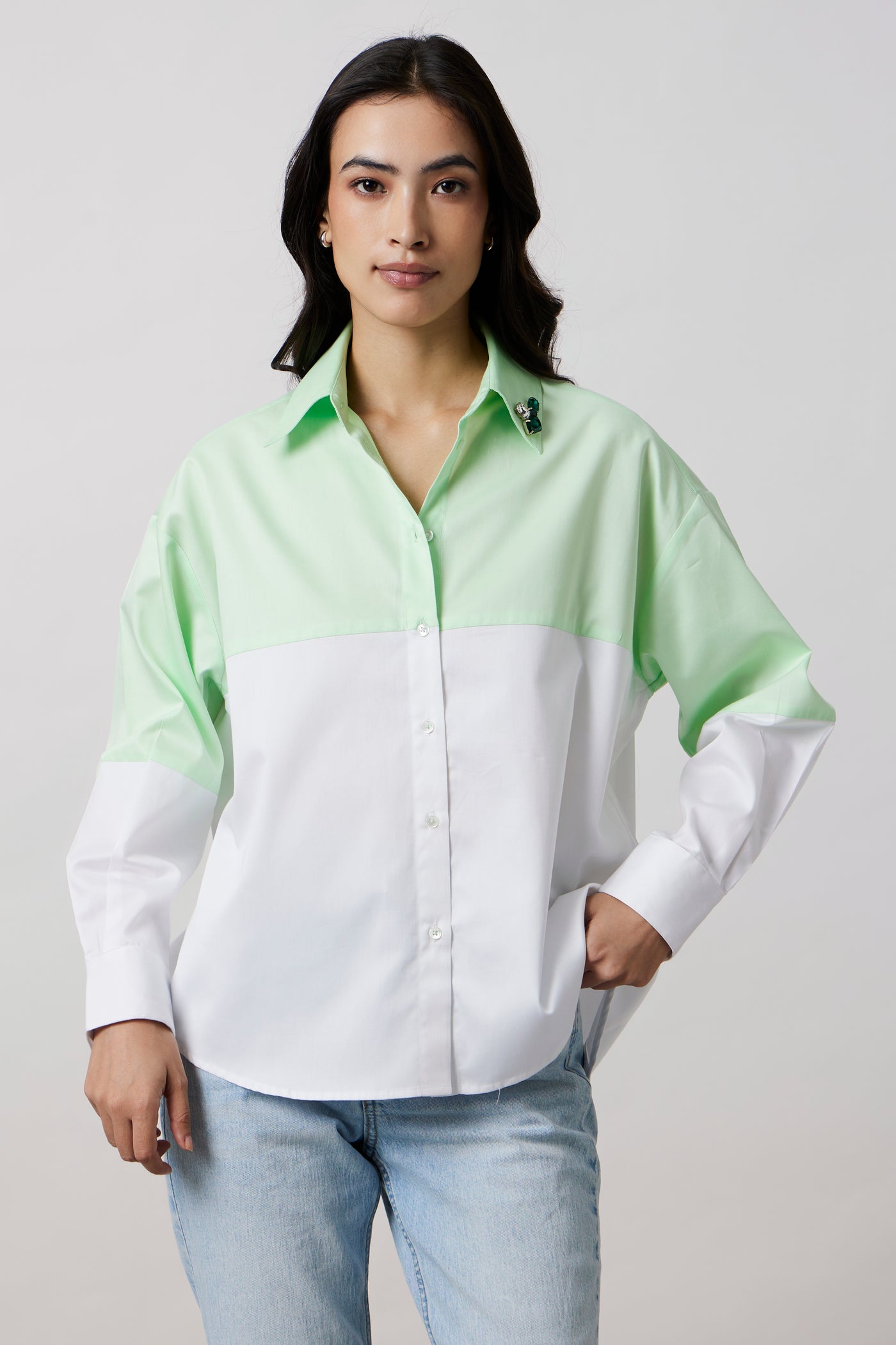 Lime Block Shirt with Swarovski Collar