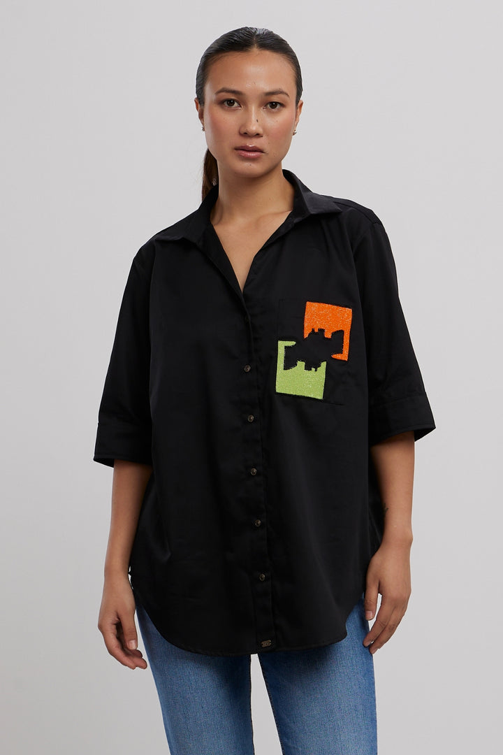 Black Puzzle Pop Embroidered Shirt - PALLAVI SWADI  