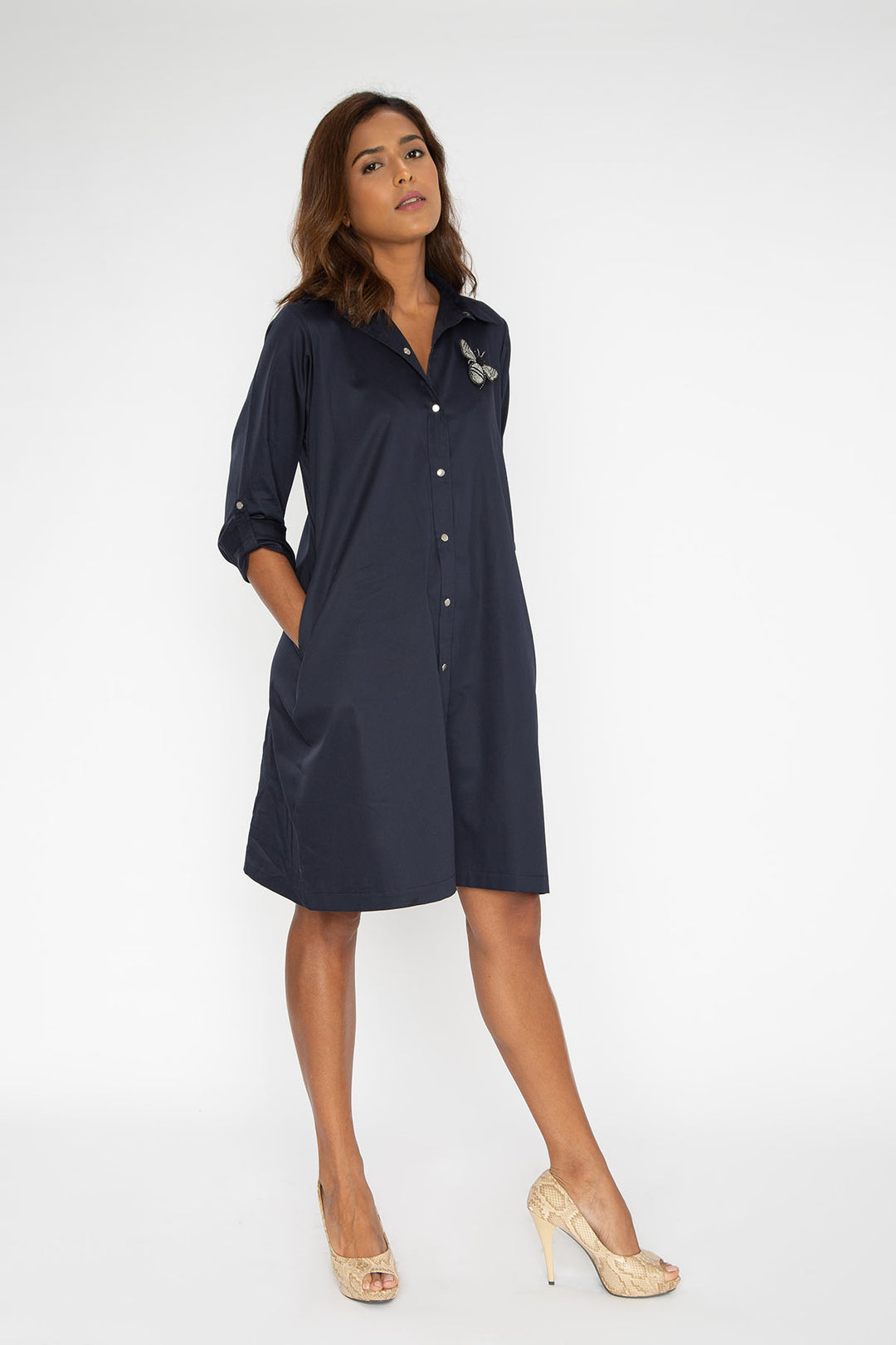 Navy Shirt Dress with PLV Brooch