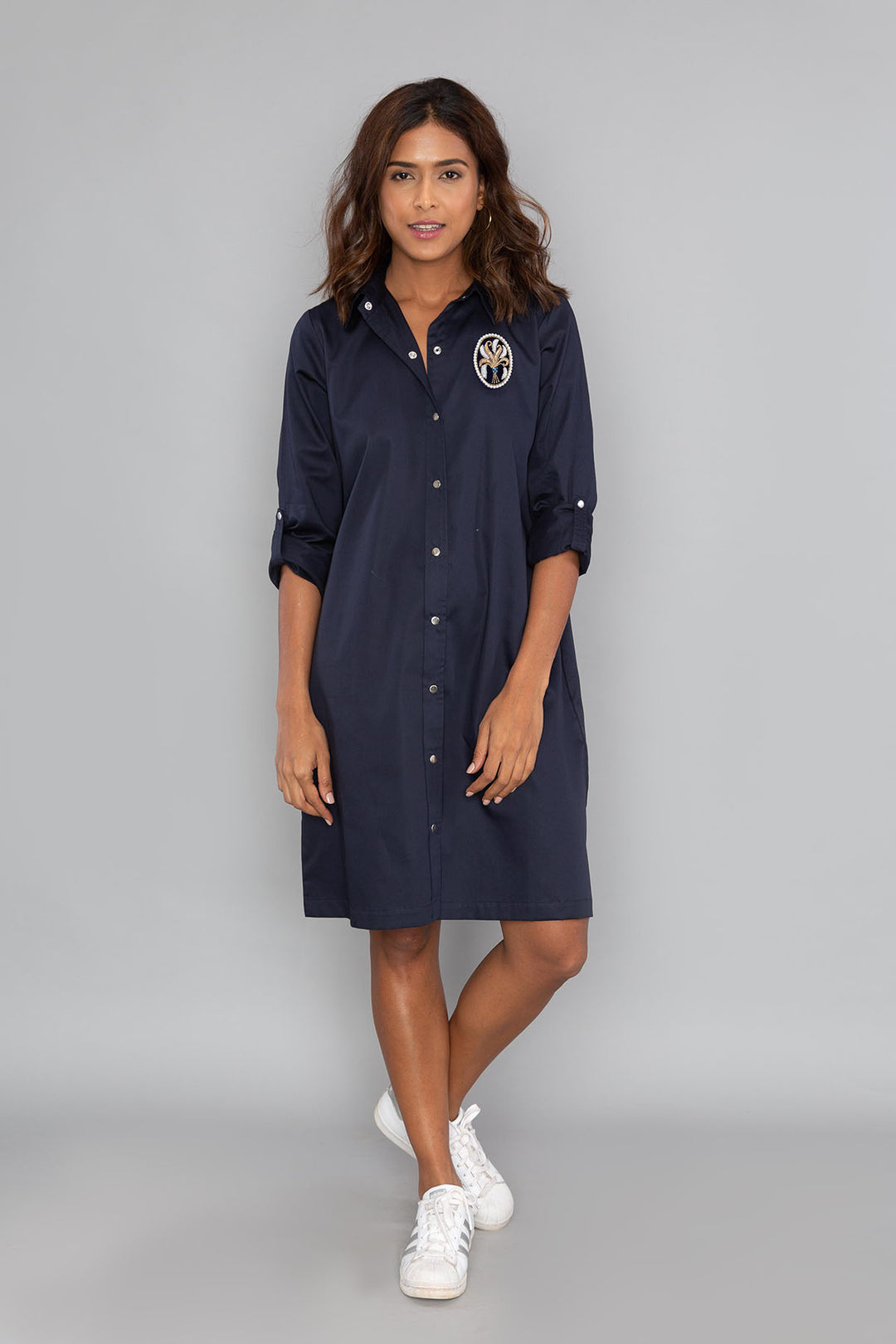 Navy Shirt Dress with PLV Brooch