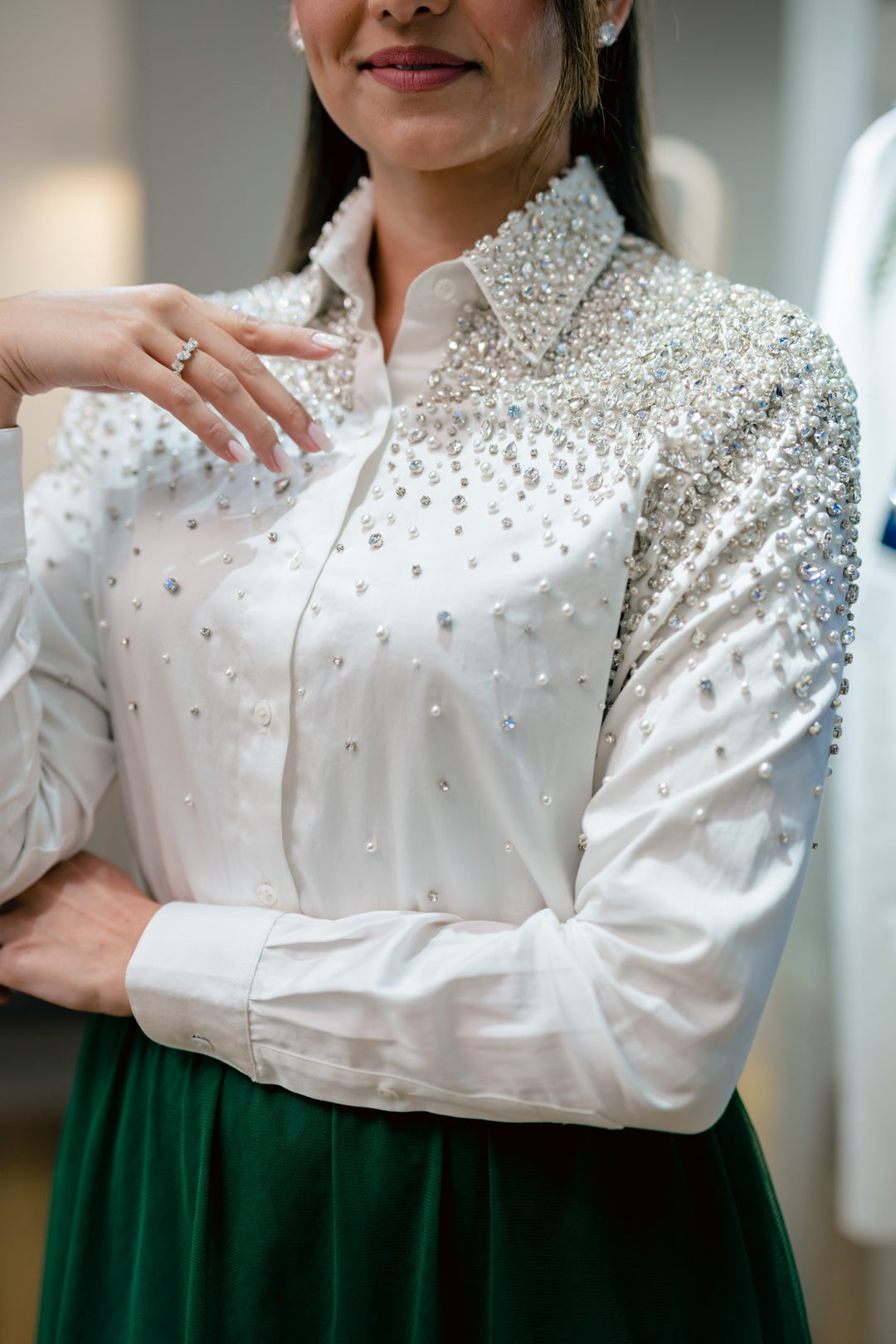 White Heavy Encrusted Pearl Swarovski Shirt