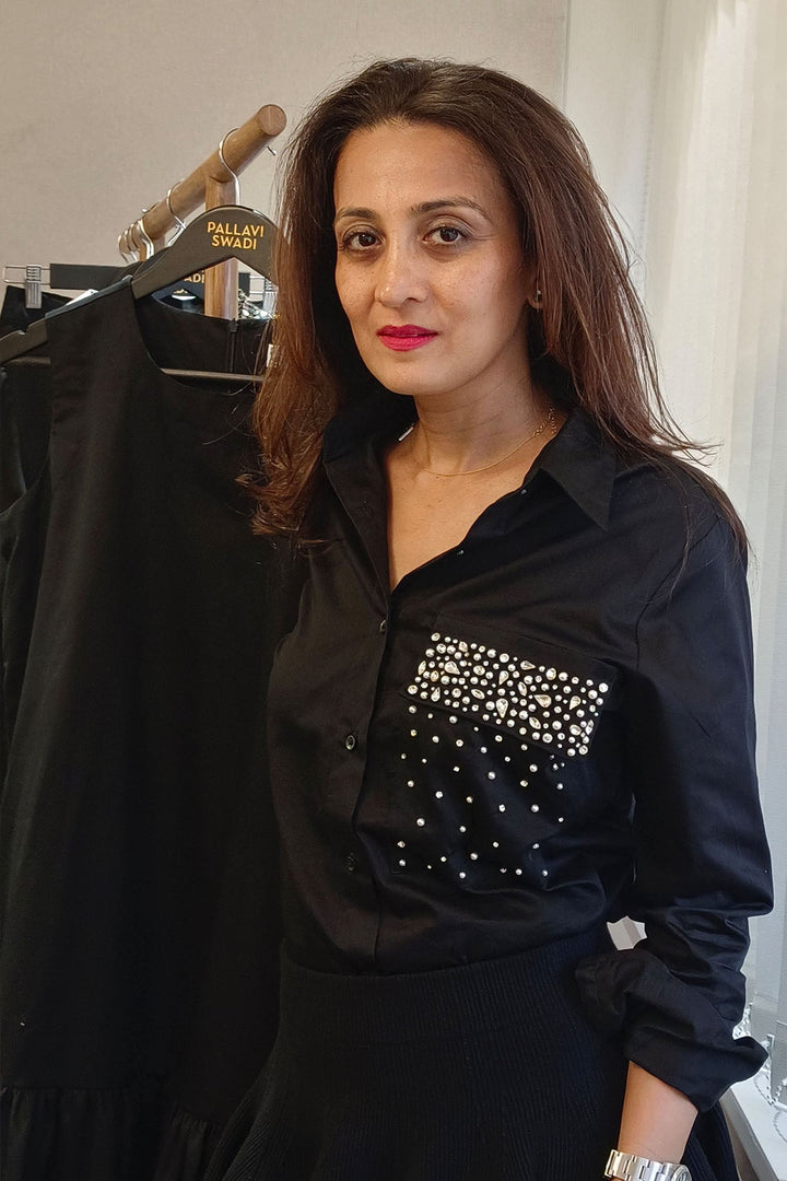 Black Swarovski and Pearl Pocket Shirt