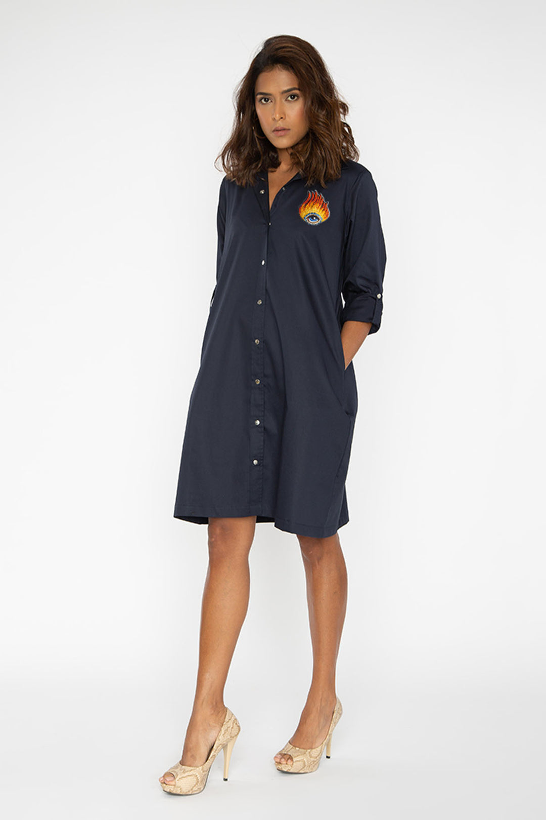 Navy Shirt Dress with PLV Brooch