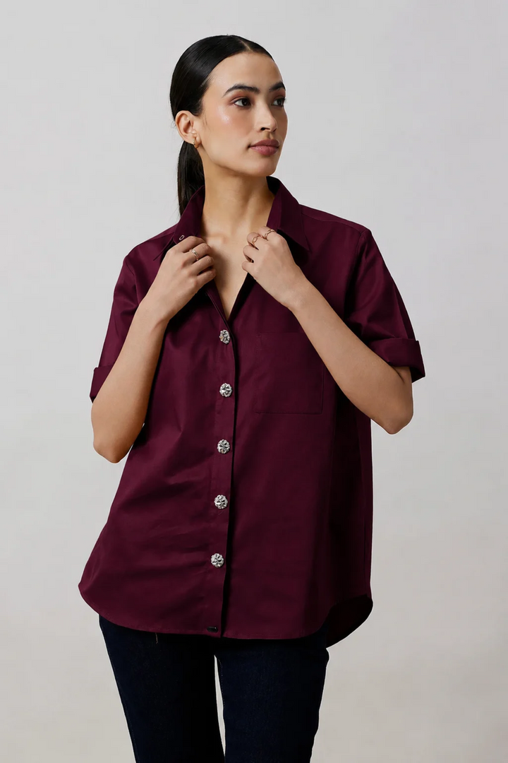 Burgundy Crystal Button Shirt