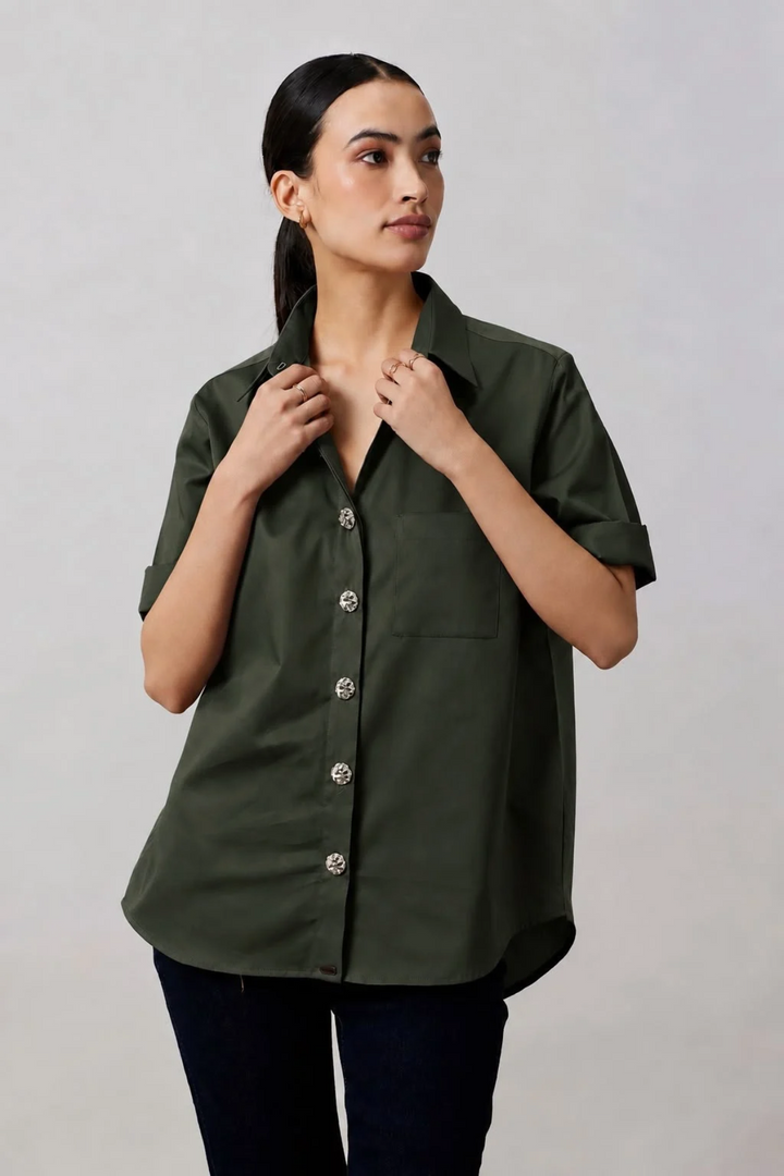 Olive Crystal Button Shirt