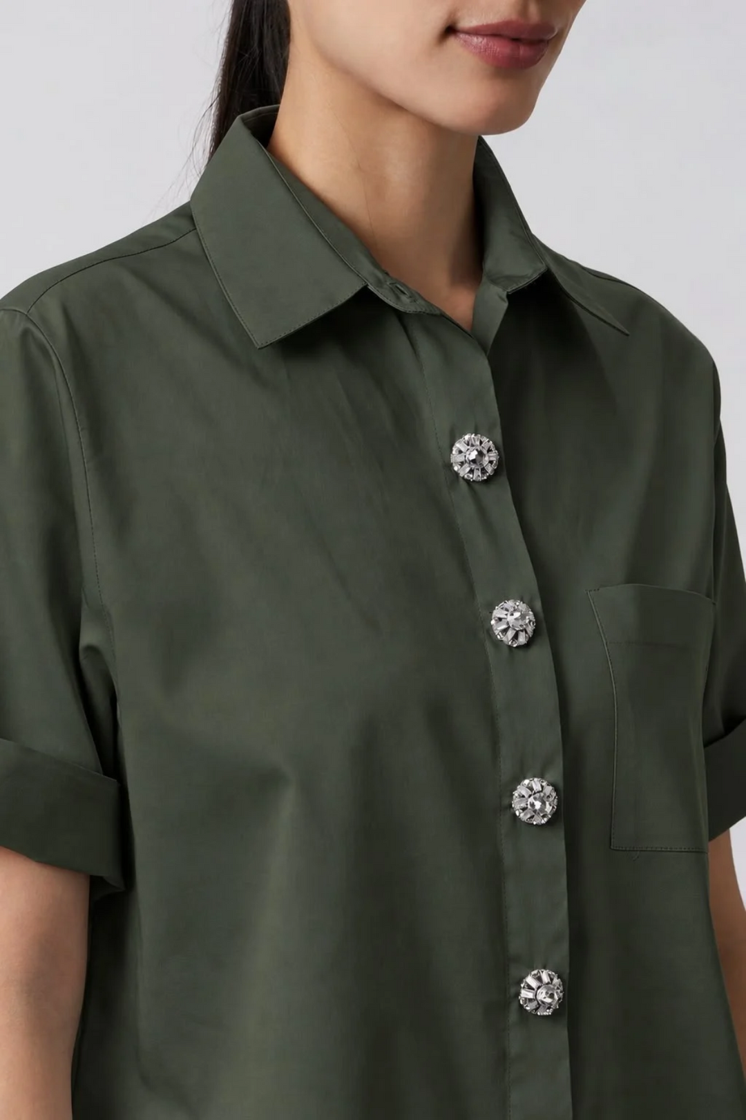 Olive Crystal Button Shirt