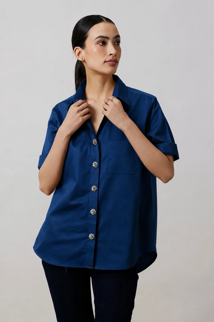 Midnight Blue Crystal Button Shirt