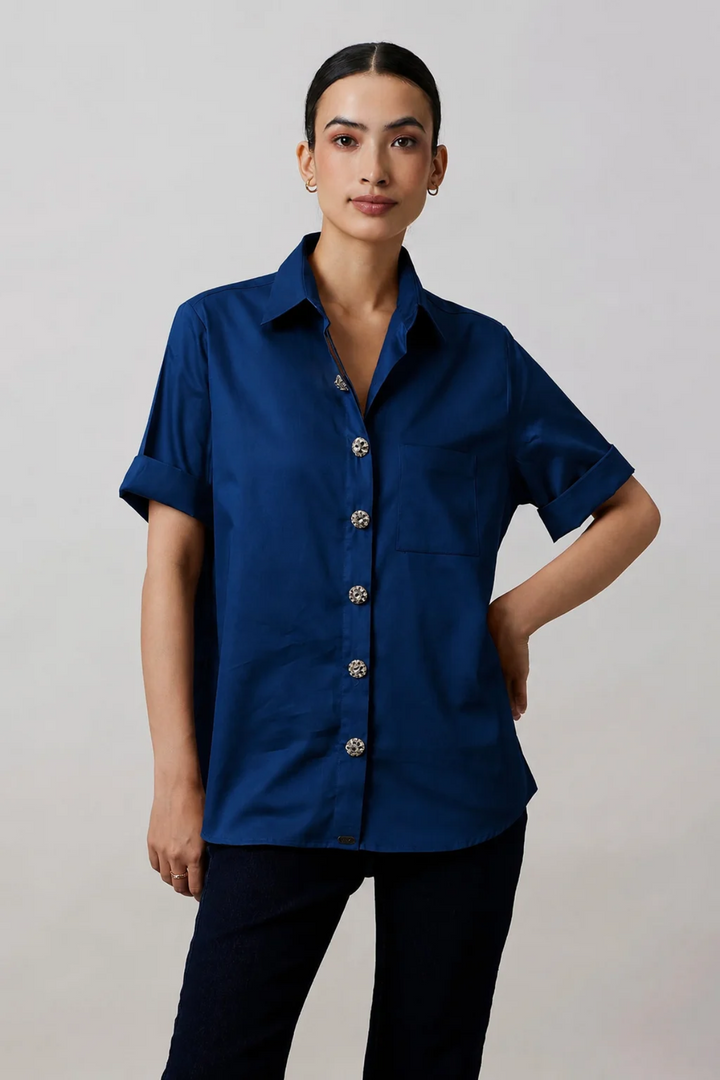 Midnight Blue Crystal Button Shirt