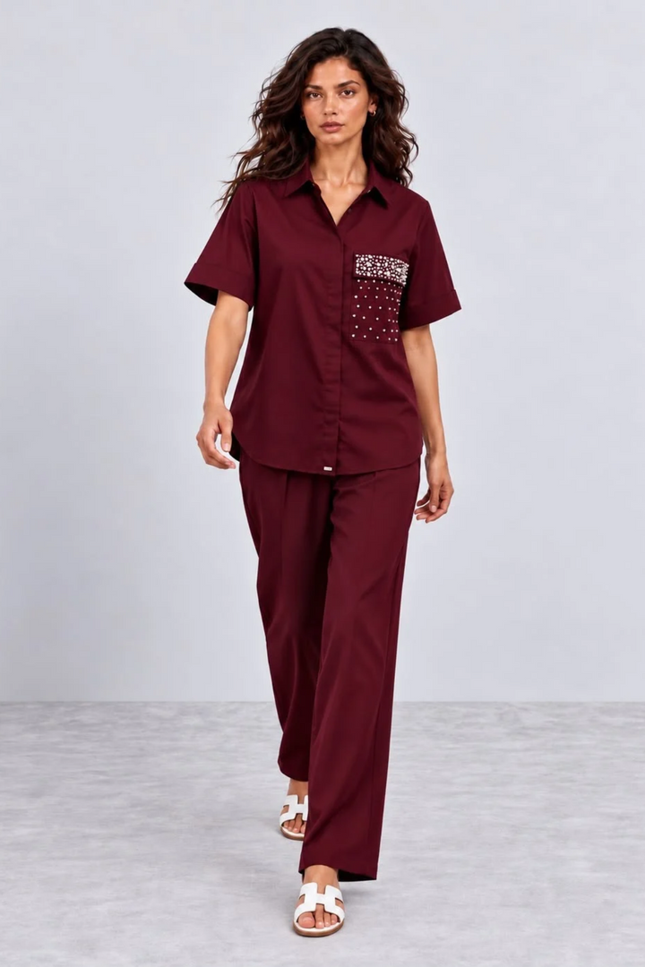 Burgandy Pearl Crystal Flap Pant Set