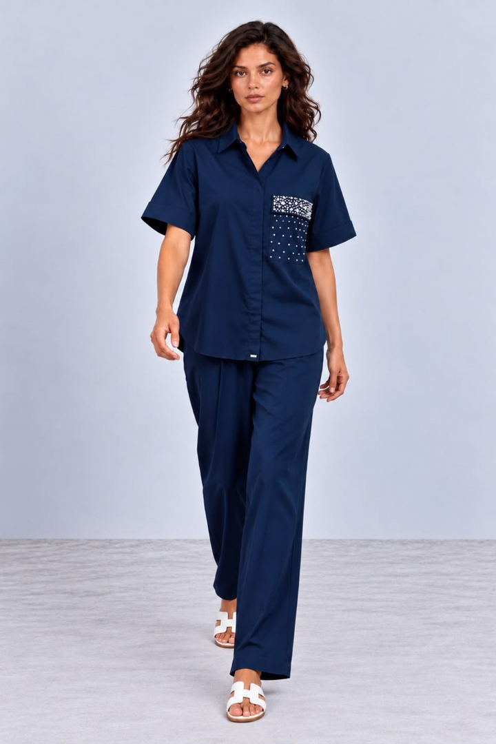 Midnighnt Blue Pearl Crystal Flap Pant Set