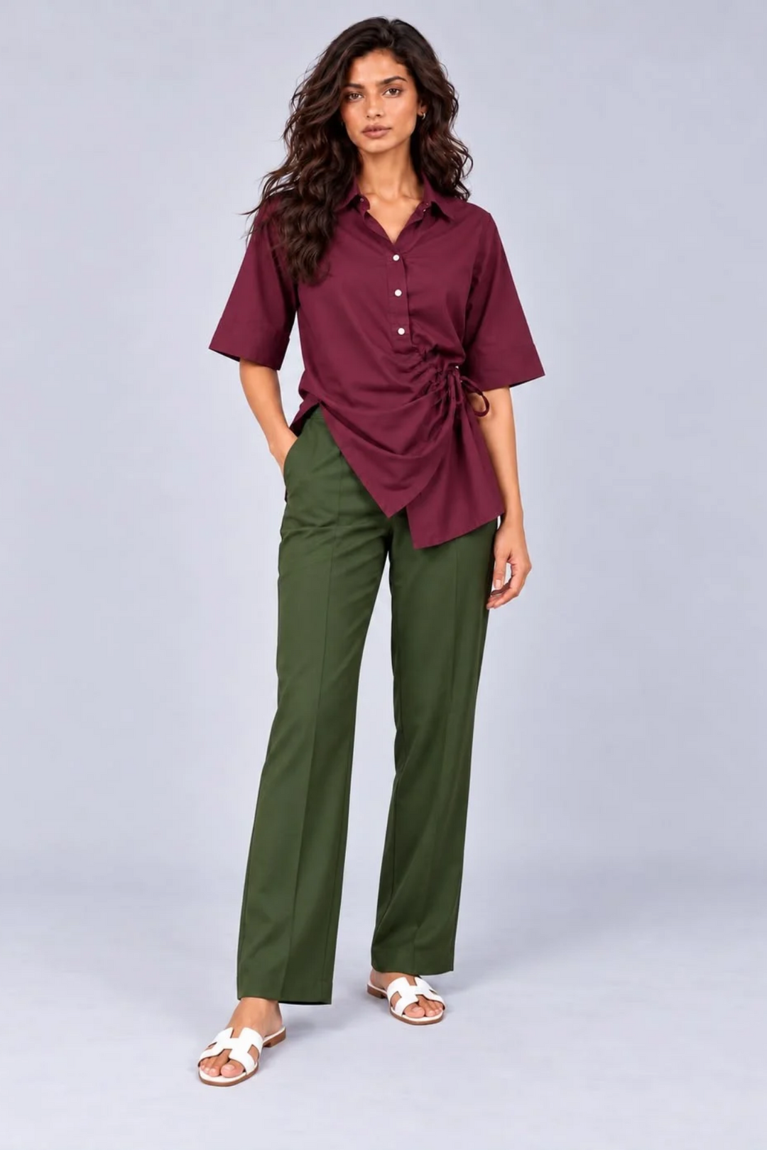 Wrap & Tie Burgundy Shirt with Olive Pants