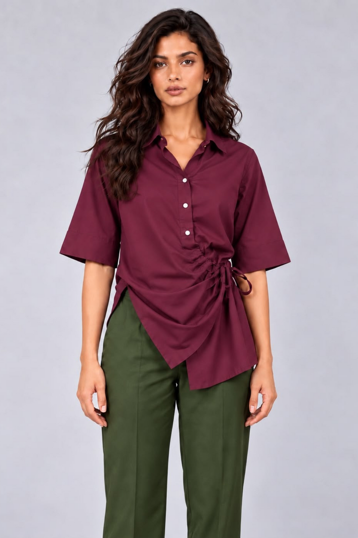 Wrap & Tie Burgundy Shirt with Olive Pants