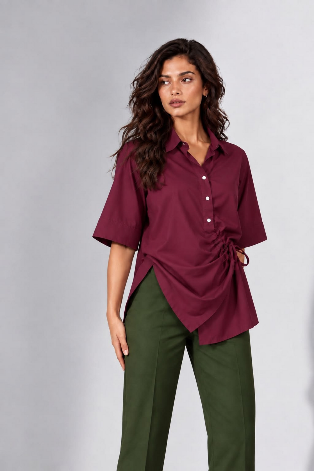 Wrap & Tie Burgundy Shirt with Olive Pants