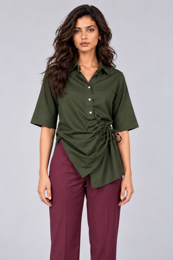 Wrap & Tie Olive Shirt with Burgundy Pants