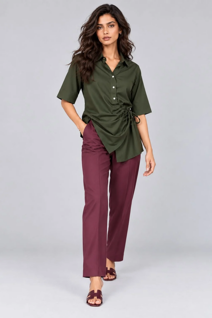 Wrap & Tie Olive Shirt with Burgundy Pants