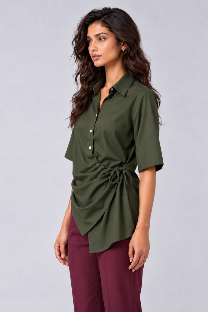 Wrap & Tie Olive Shirt with Burgundy Pants