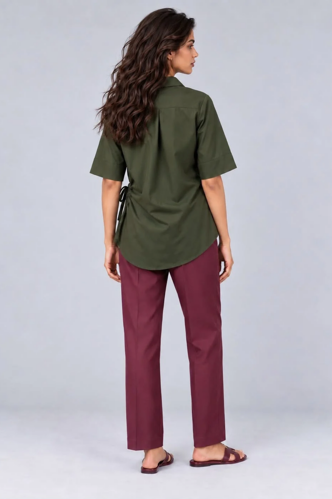 Wrap & Tie Olive Shirt with Burgundy Pants