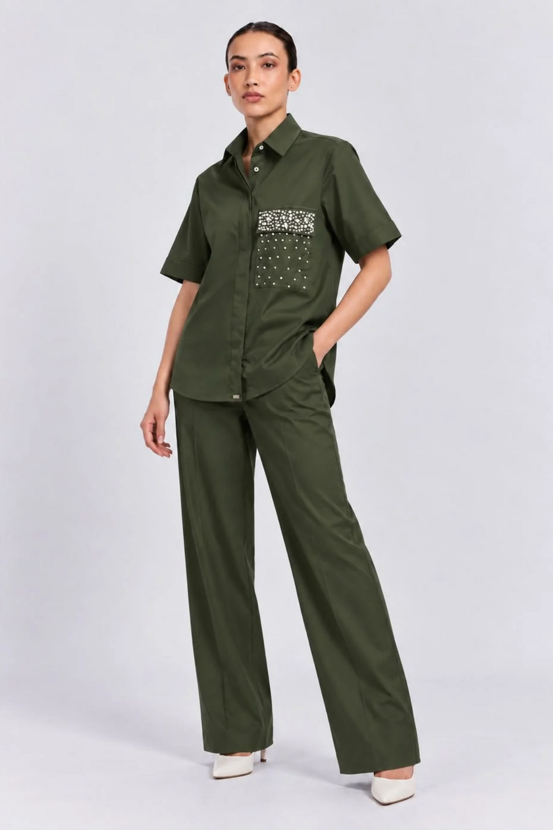 Olive Pearl Crystal Flap Pant Set