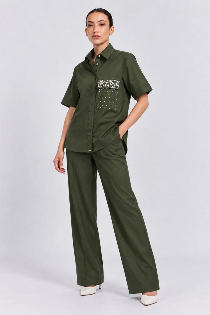 Olive Pearl Crystal Flap Pant Set
