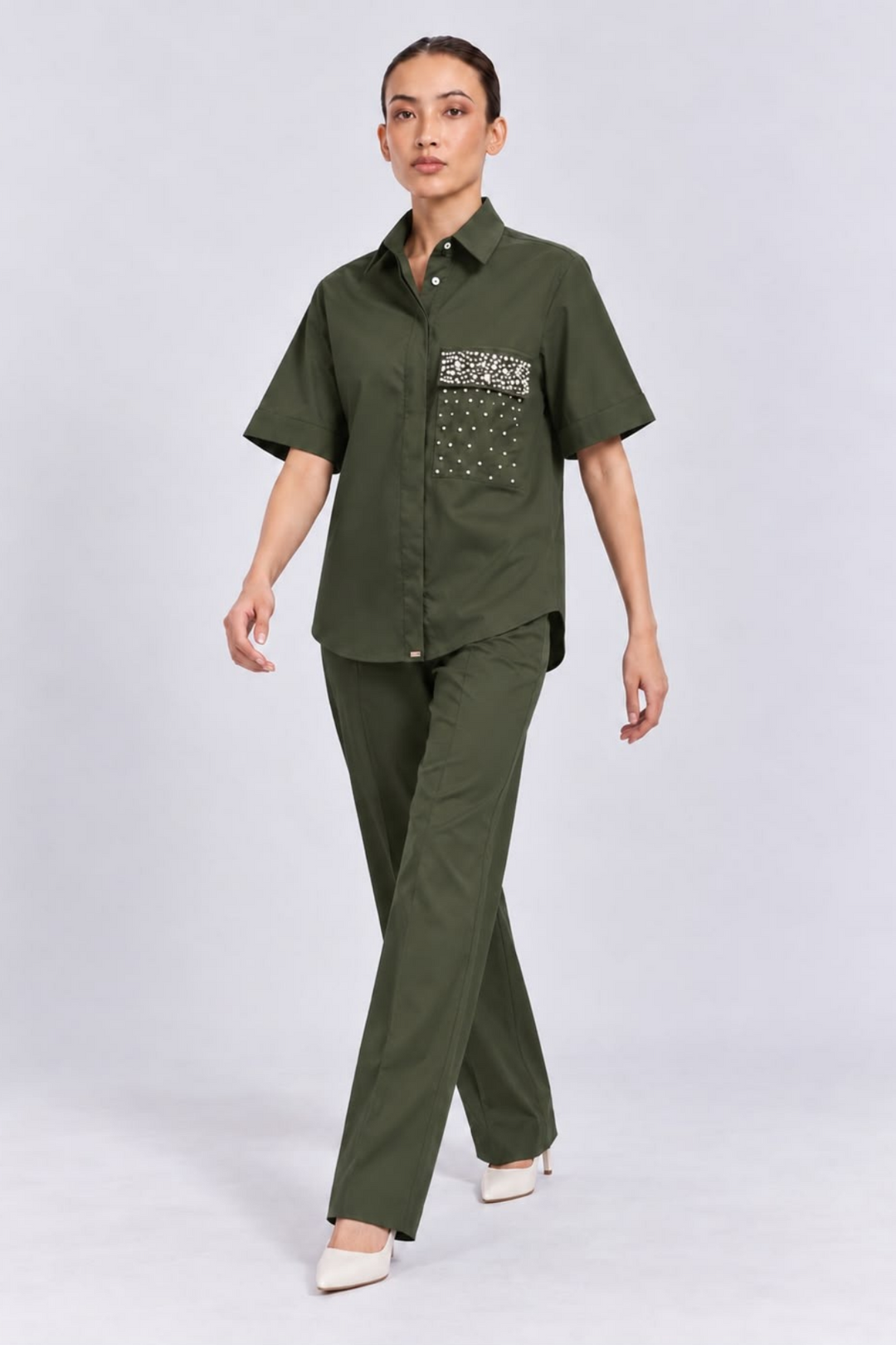Olive Pearl Crystal Flap Pant Set