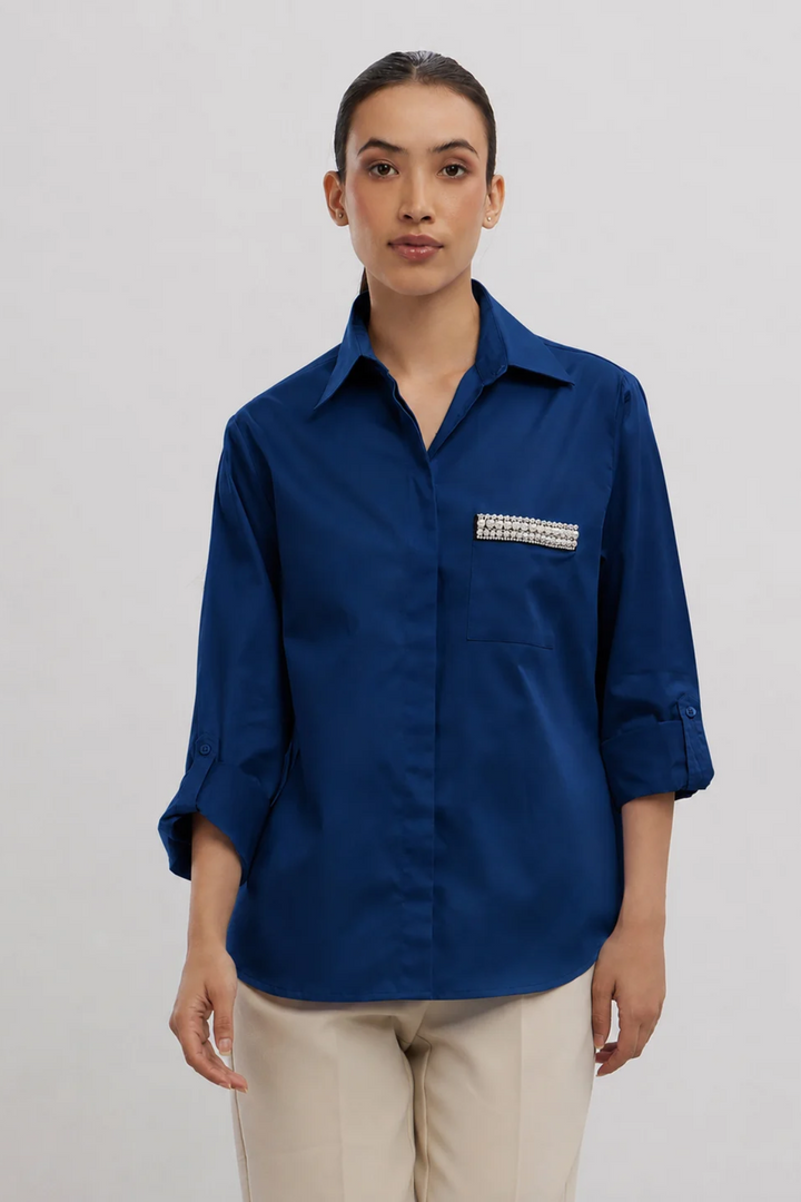 Midnight Blue Pearl Strip Pocket Shirt