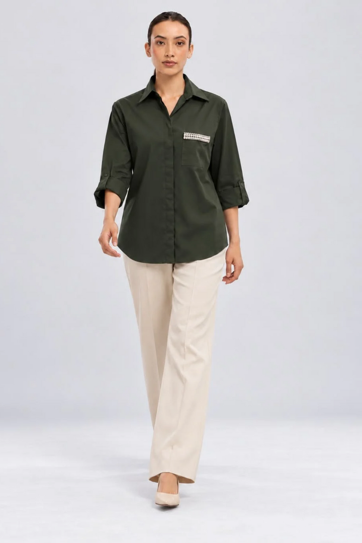 Olive Pearl Strip Pocket Shirt