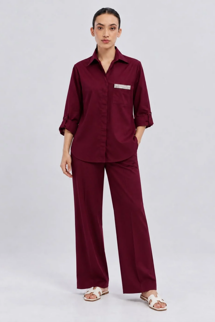 Burgundy Pearl Strip Pocket Pant Set