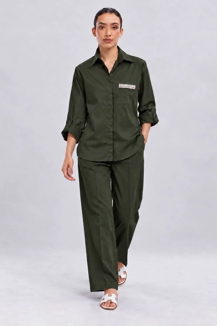 Olive Pearl Strip Pocket Pant Set