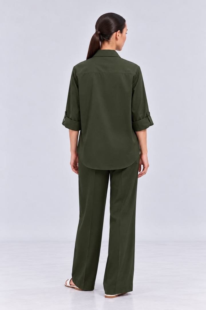 Olive Pearl Strip Pocket Pant Set