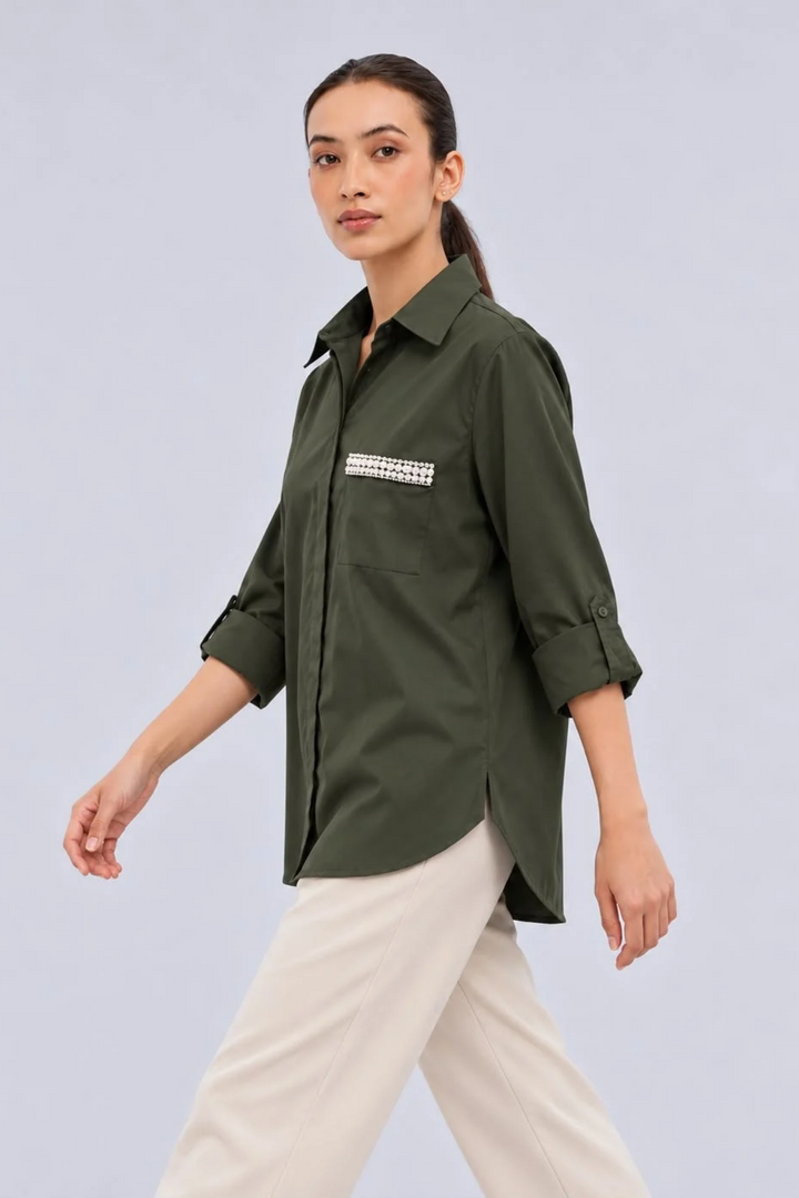 Olive Pearl Strip Pocket Shirt