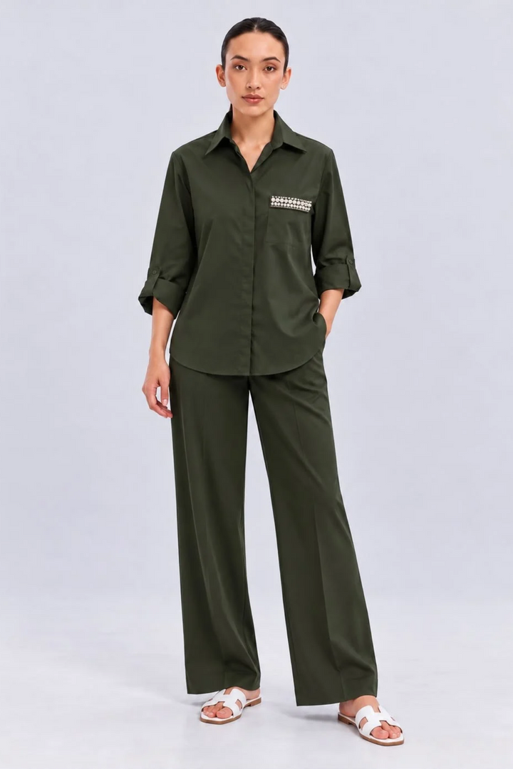 Olive Pearl Strip Pocket Pant Set