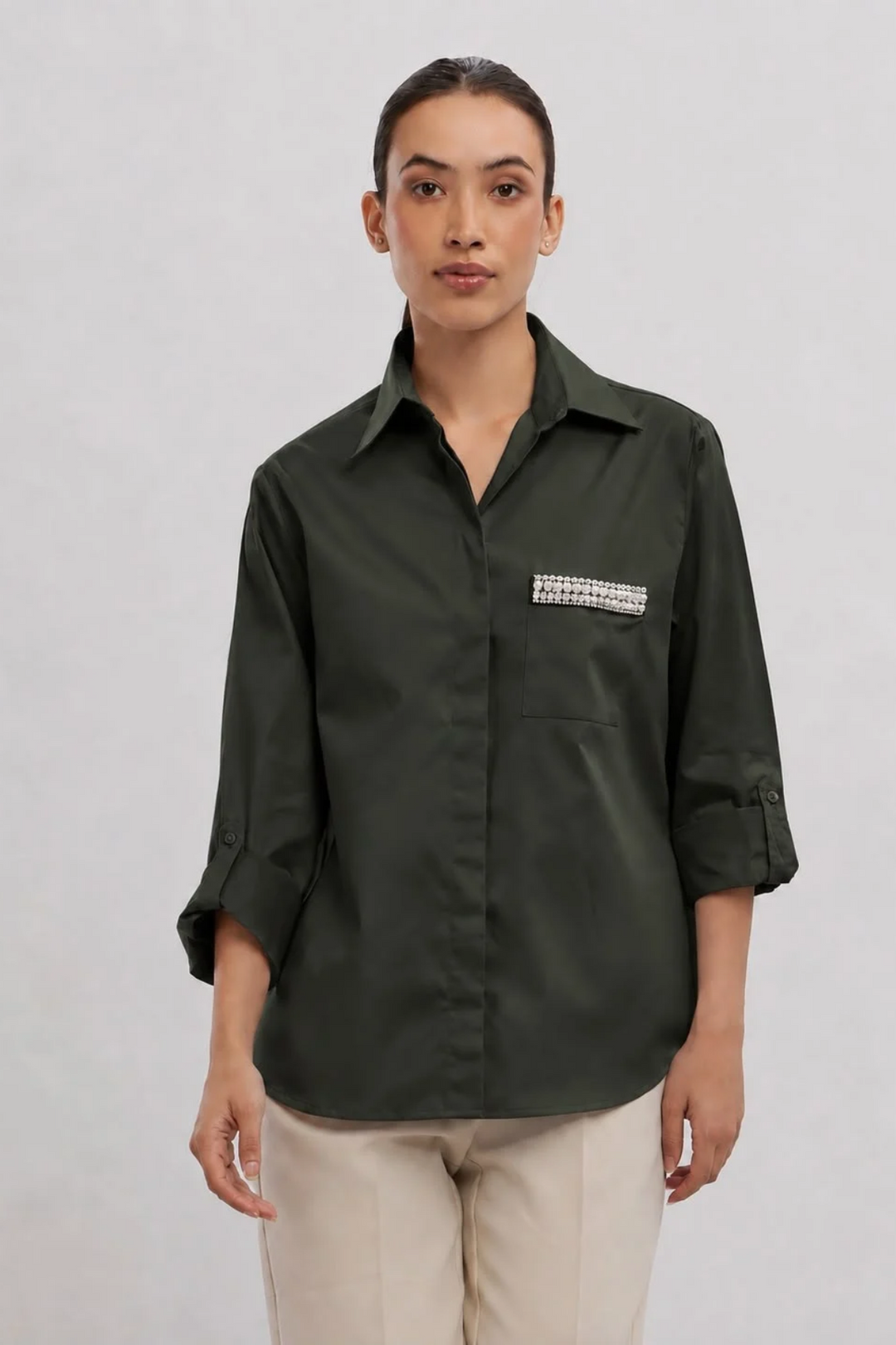 Olive Pearl Strip Pocket Shirt