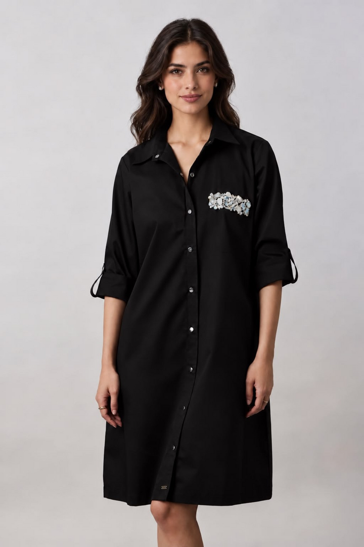 Black Pocket Crystal Shirt Dress
