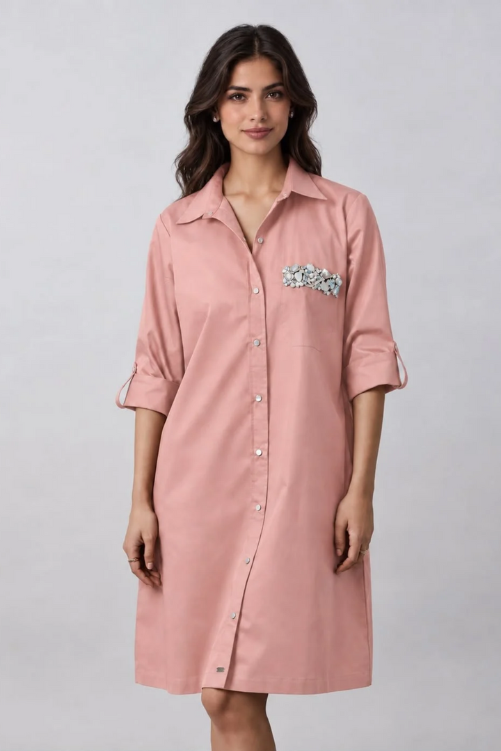 Salmon Pocket Crystal Shirt Dress
