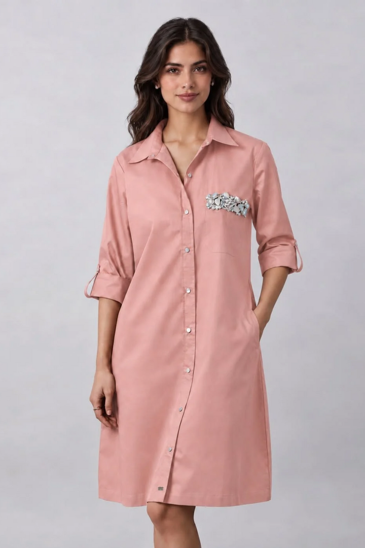 Salmon Pocket Crystal Shirt Dress