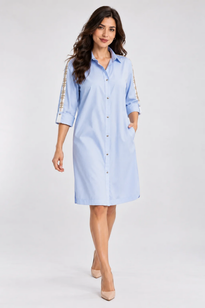 Sky Blue Crystal Ribbon Shirt Dress