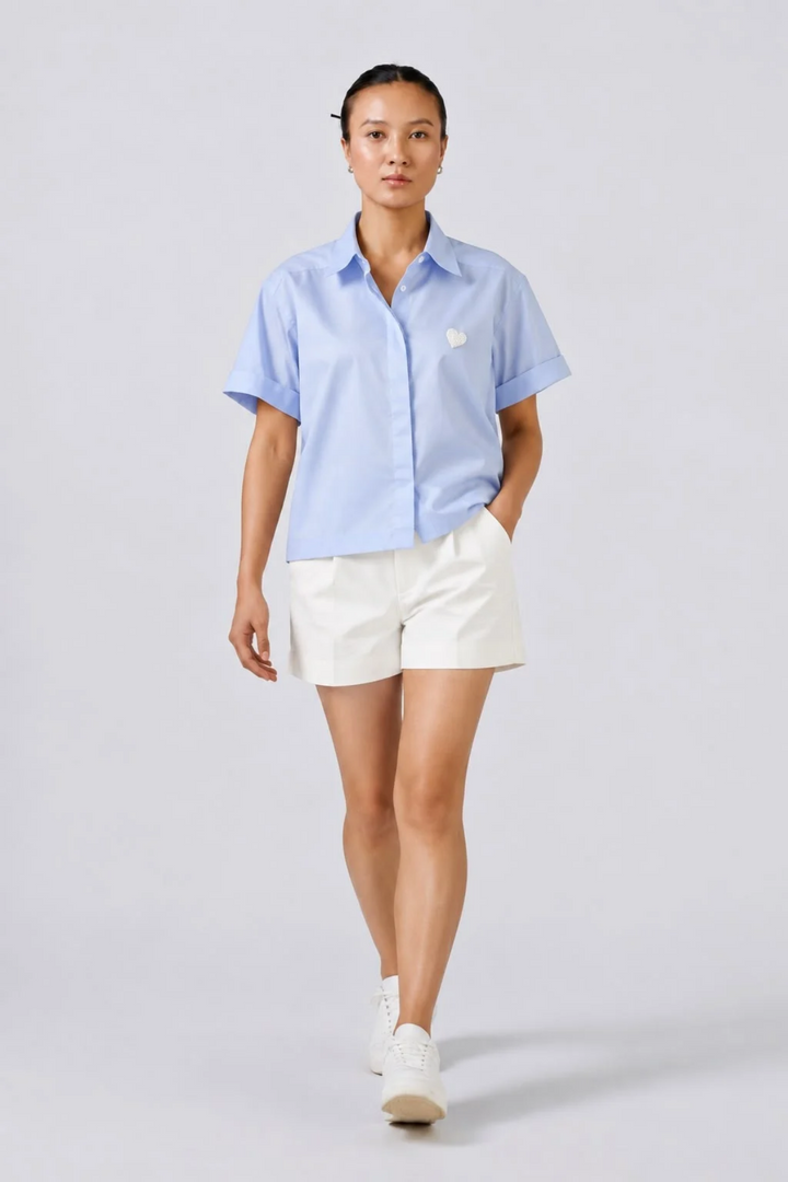 Pearl Heart Sky Blue Crop Shirt