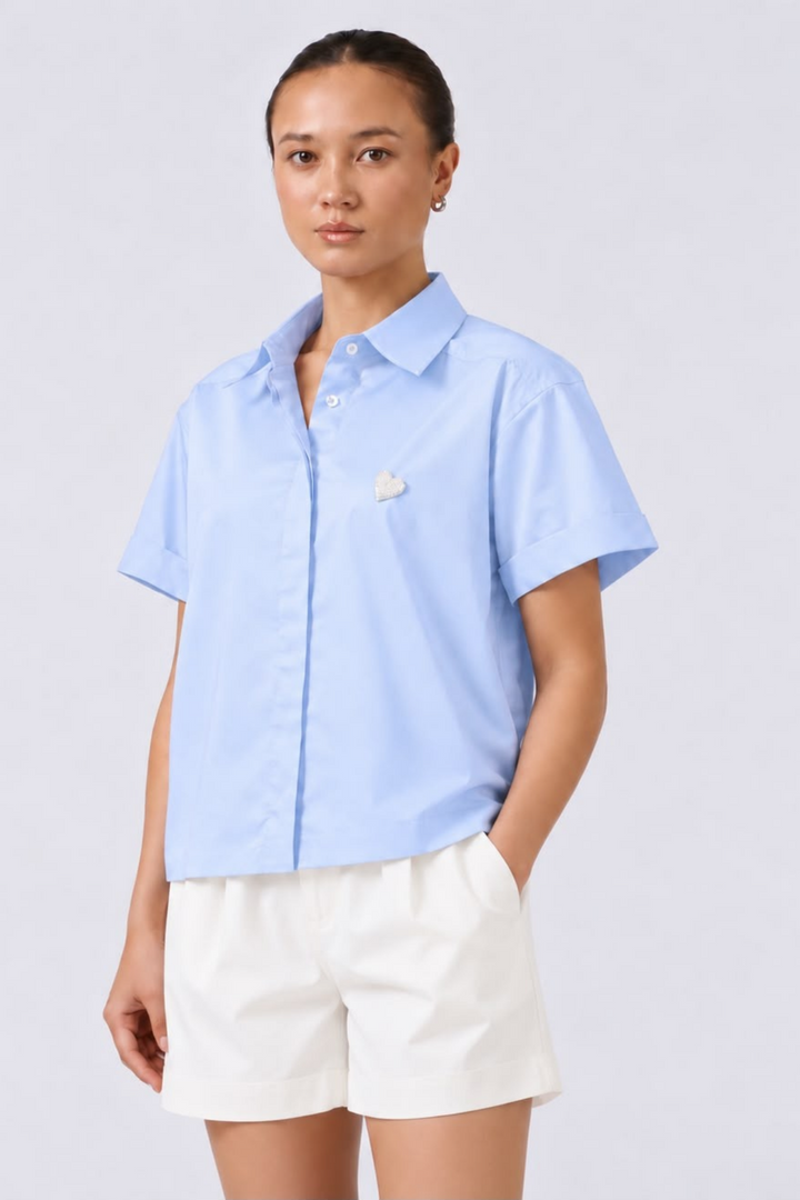 Pearl Heart Sky Blue Crop Shirt